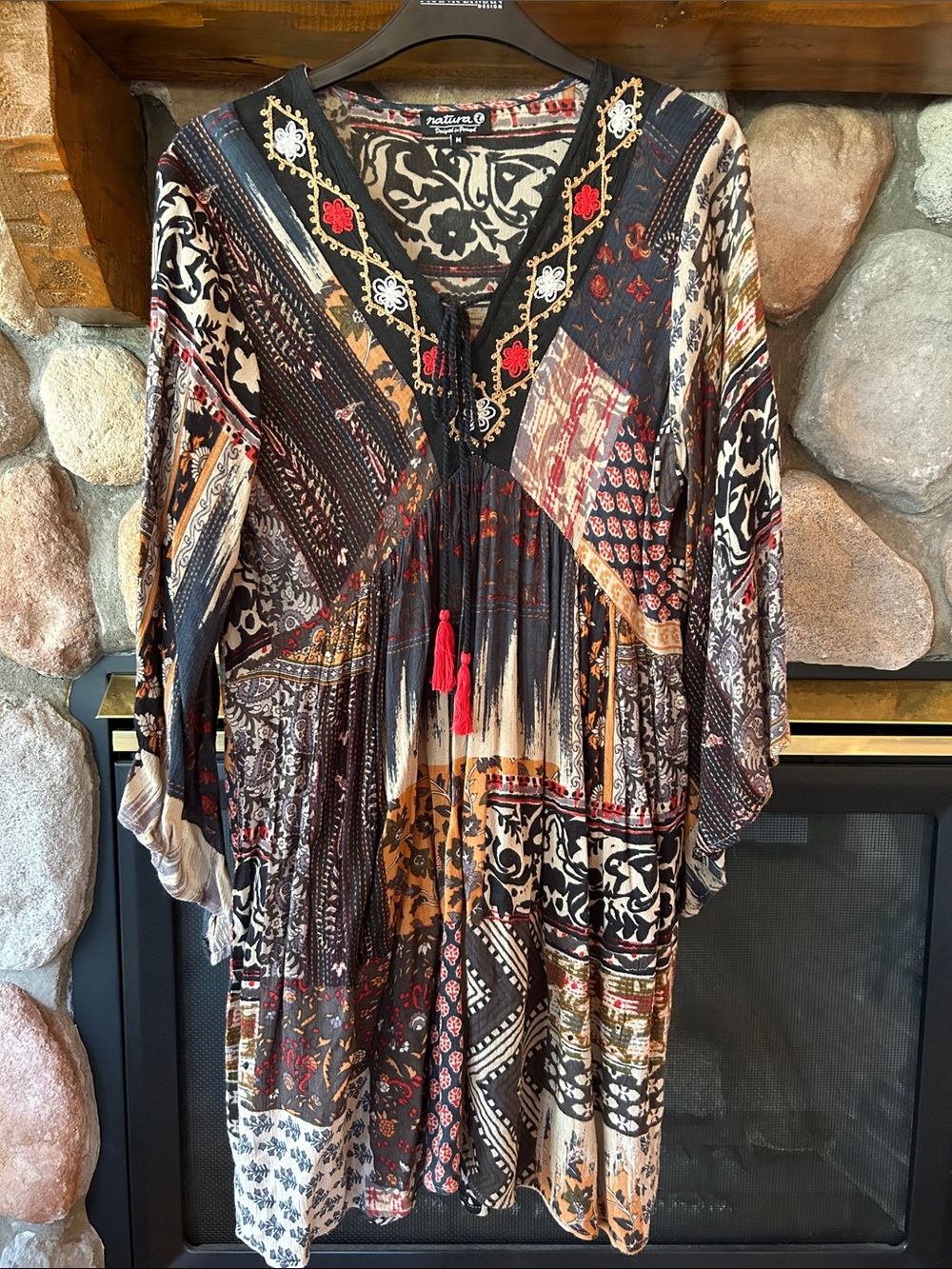Natura Mixed Print 3/4 Bell Sleeve Embroidered Neck Dress, Size M, NWOT